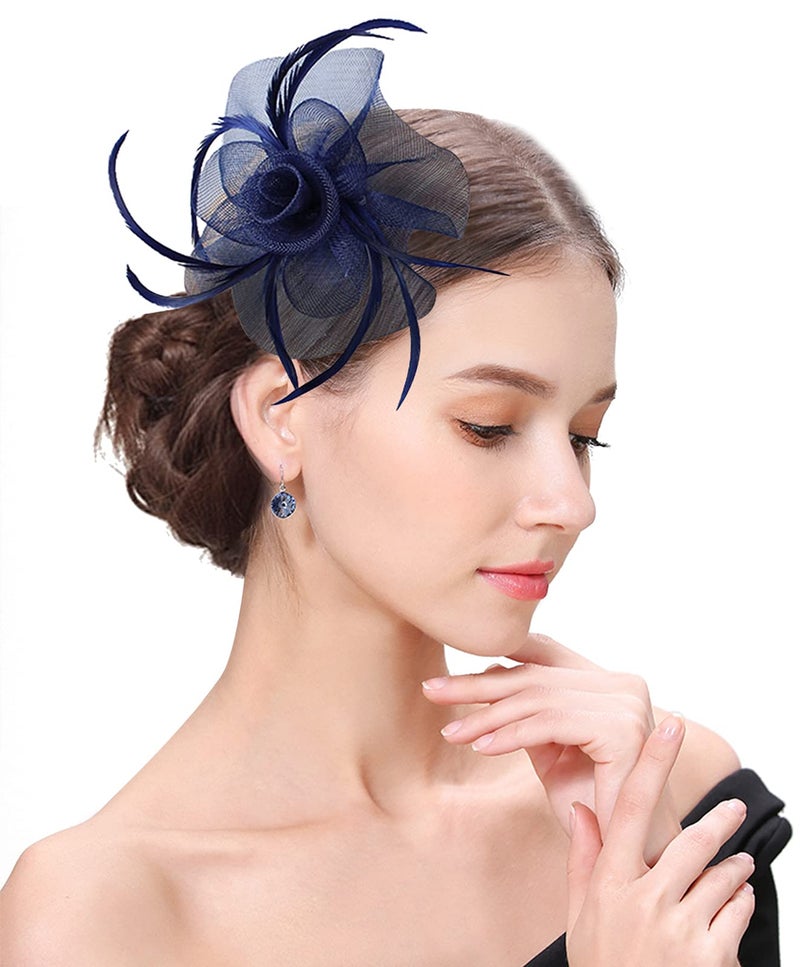 ZX Z&X Ladies Girls Fasciantor Hat Mesh Spiral Flower Feather Tea Party Hat with Clip Brooch Navy Blue - Image 1